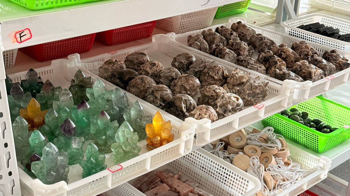 Baskets containing pointed, clustered, rounded, and rough-textured product forms.