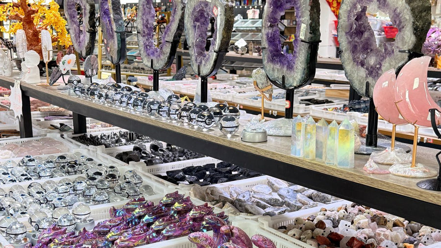 Assorted products in multiple polished, pointed, spherical, crescent-shaped, and cavity-shaped forms.