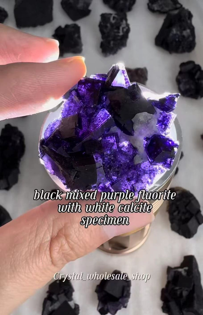 Natural Crystal Specimen Black Mixed Purple Fluorite With White Calcite Specimen For Wholesale Price