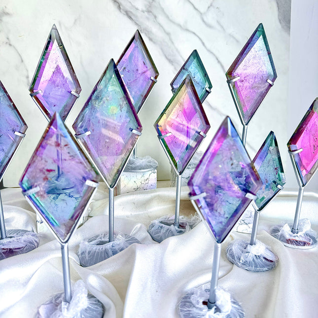 Crystal Carving Aura Clear Quartz Flat Diamond With Stand