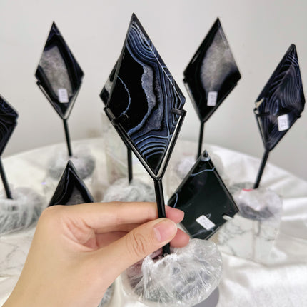 Crystal Carving Black Sardonyx Agate Flat Diamond With Stand