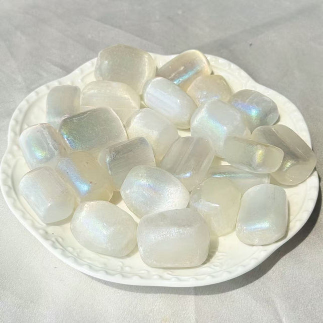 Aura selenite tumbled stones with an iridescent finish