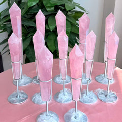 Rose quartz crystal wand set with display stand