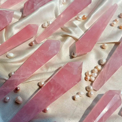Rose quartz wand and stand shown from another angle