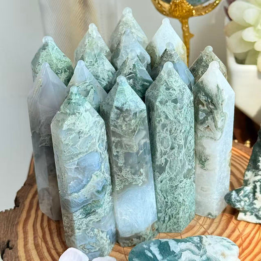 Crystal Tower Moss Agate Tower For Wholesale Price