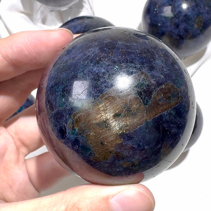 Crystal sphere Iolite with emerald and mica sphere