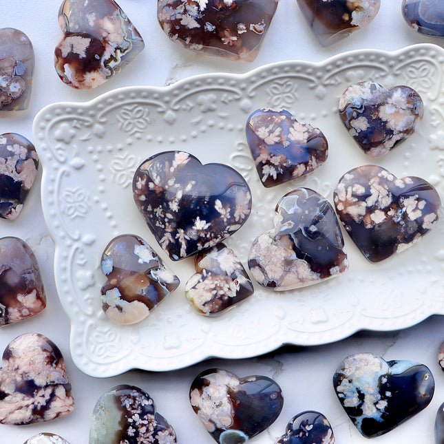 Crystal hearts black flower agate hearts