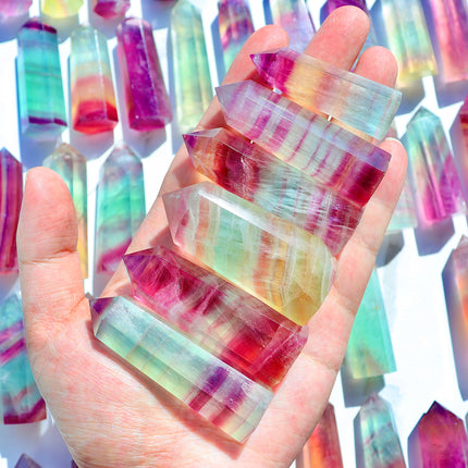 Candy fluorite crystal towers in green and purple tones